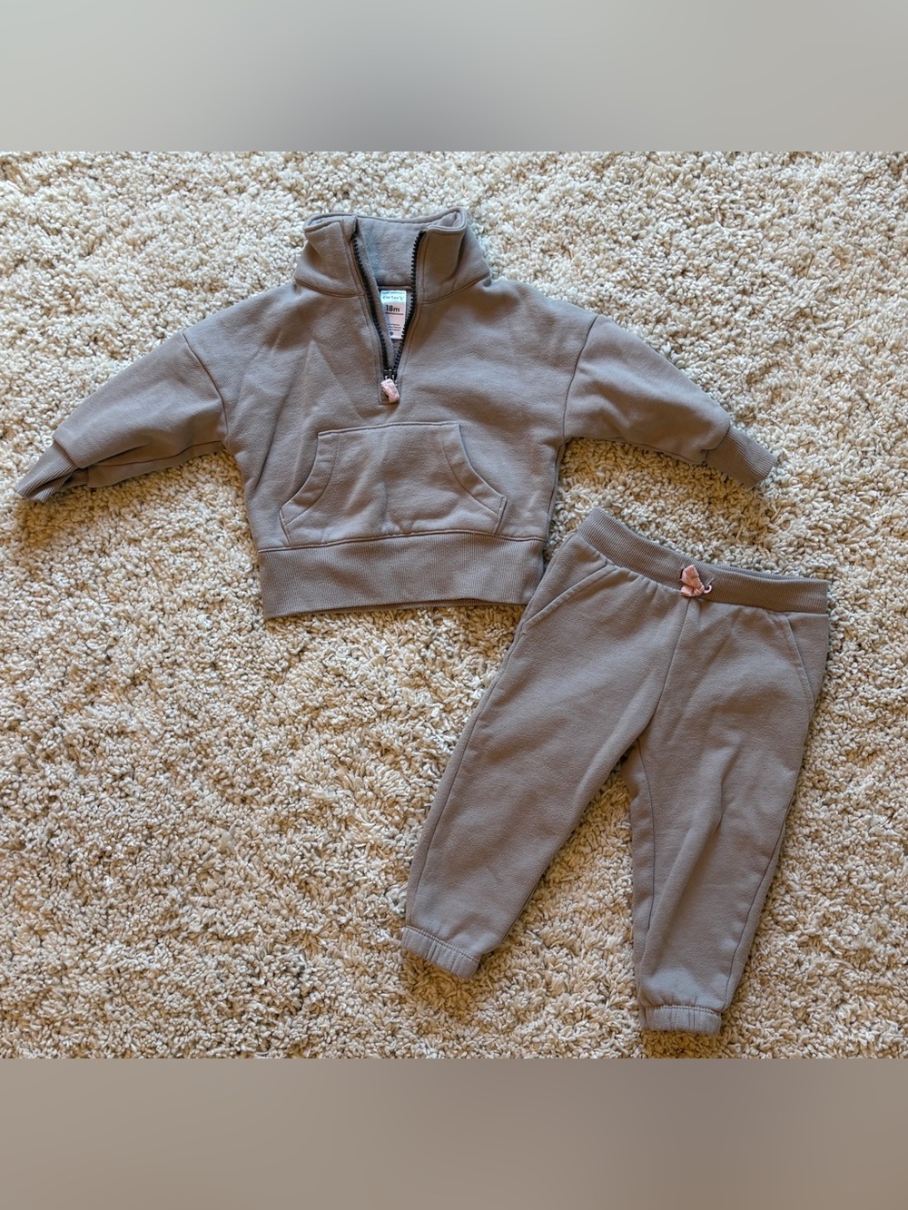 Carter’s 18M Girls Taupe Beige Fleece Sweatsuit 2 Piece Quarter Zip Jogger Set